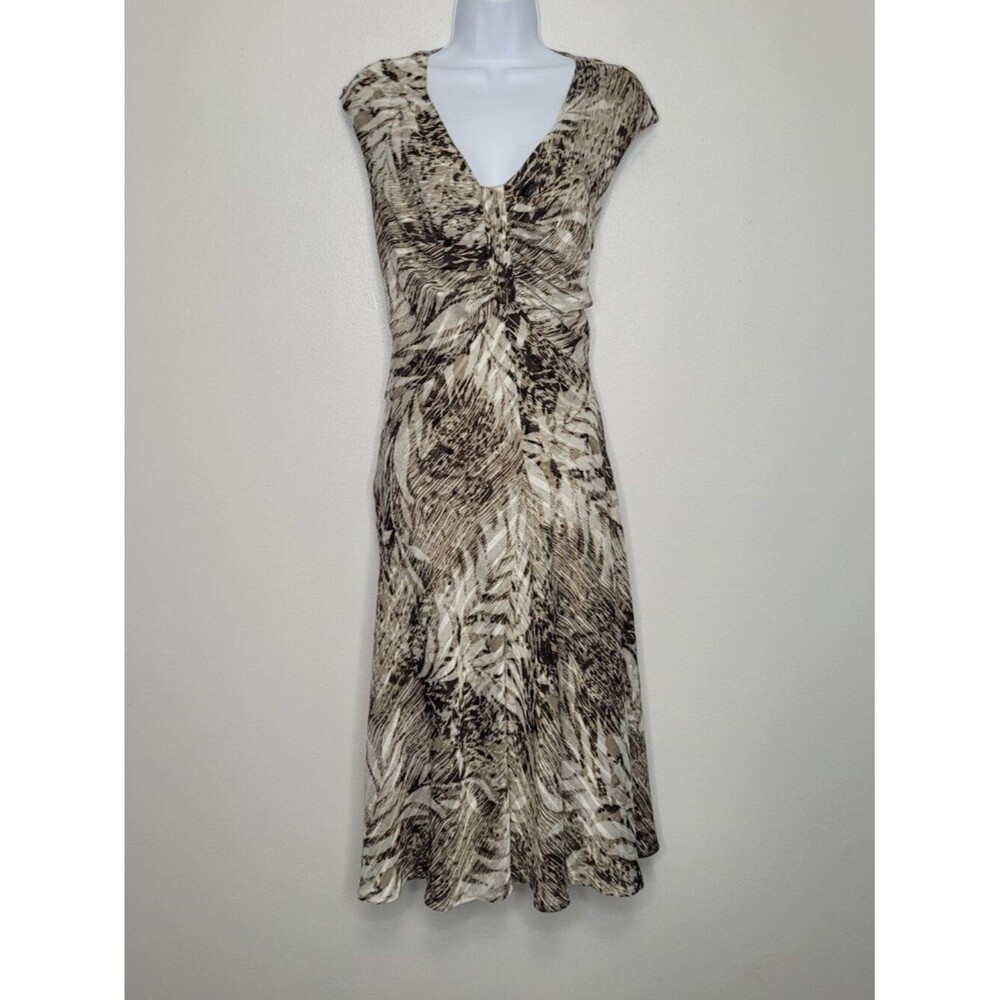 Evan Picone brown tone abstract flower print midi cap sleeve vacation dress 10